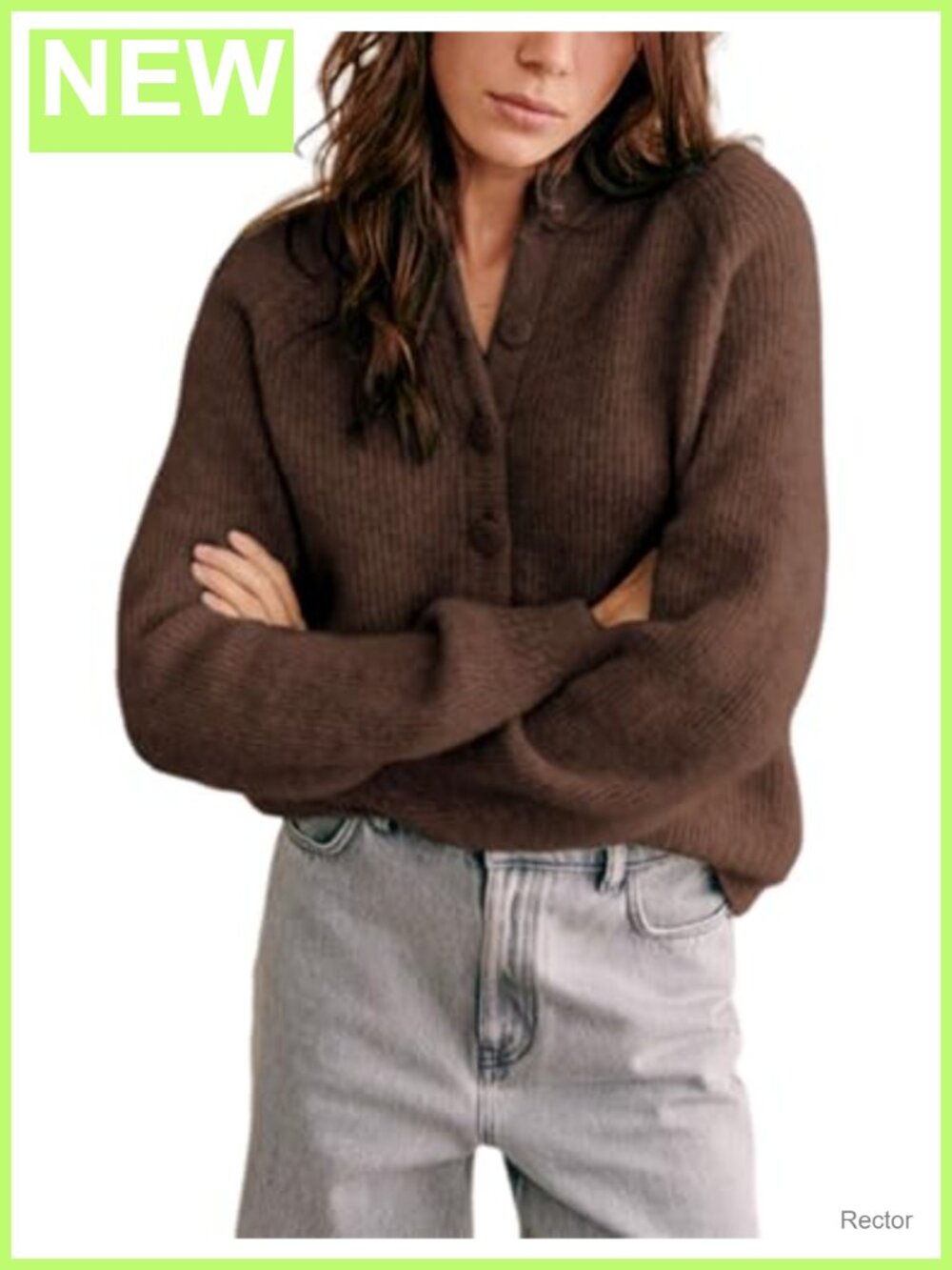 Womens Chunky Knit Open Front Button Down Cardigan Long Sleeve Crewneck Sweater